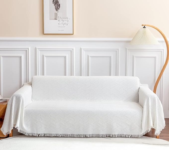 Deep Dream Sofa Cover, Sectional Couch Covers, Couch Covers for 3 Cushion Couch, Couch Cover for Dogs, Geometrical Jacquard Fabric Sofa Cover (XX-Large, 91" x 134", White)