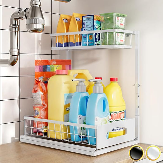 Under Sink Organizer and Storage, Height Adjustable Cabinet Organizer with Slide Out Drawer, Pull Out Under Sink Storage, Multi-Purpose 2 Tier Sink Shelves for Kitchen Bathroom Pantry (White, 1 Pack)