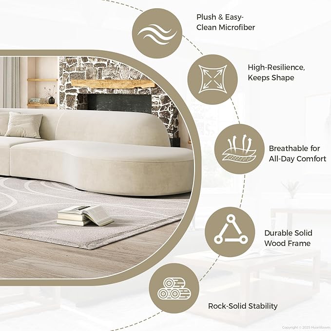 Luxury Curved Sofa Couch – Modern Upholstered Sectional Sofa, Designer L Shaped Couch with Plush Microfiber, High-Density Foam & Solid Wood Frame (Ivory Right-facing, 94"L x 43"W x 30"H)