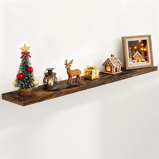 Fun Memories 72 Inch Floating Shelves for Wall, 72x9.3 Large Floating Shelf for Bedroom, Kitchen, Bathroom, Wall Mounted Rustic Wood Shelves with Invisible Bracket for Books, Decor, Rustic Brown