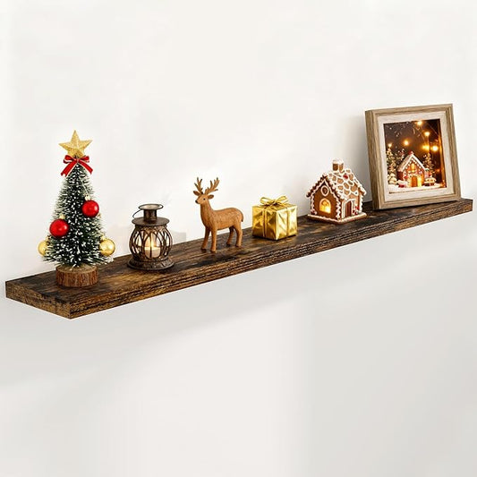 Fun Memories 72 Inch Floating Shelves for Wall, 72x9.3 Large Floating Shelf for Bedroom, Kitchen, Bathroom, Wall Mounted Rustic Wood Shelves with Invisible Bracket for Books, Decor, Rustic Brown