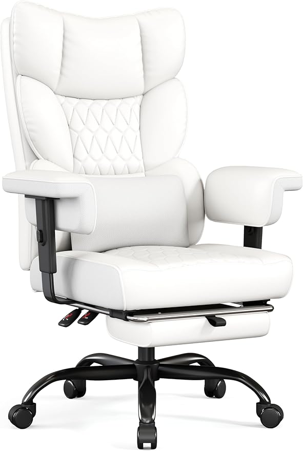 Misolant Big and Tall Office Chair with Footrest, High Back Executive Desk Chair with Adjustable Lift Armrest, 155°Recline，Lumbar Support Pillow, Faux Leather Gaming Chairs for Home or Office White