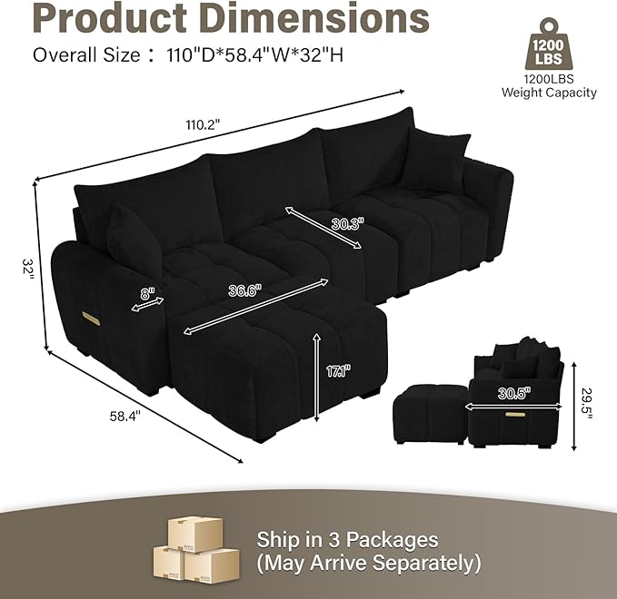 110" L Shaped Modern Boucle Sofa Modular Sectional Cloud Couch with Ottoman, Tufted 4-Seat Deep Seat Sofa with Pillows for Living Room, Bedroom and Apartment, Black