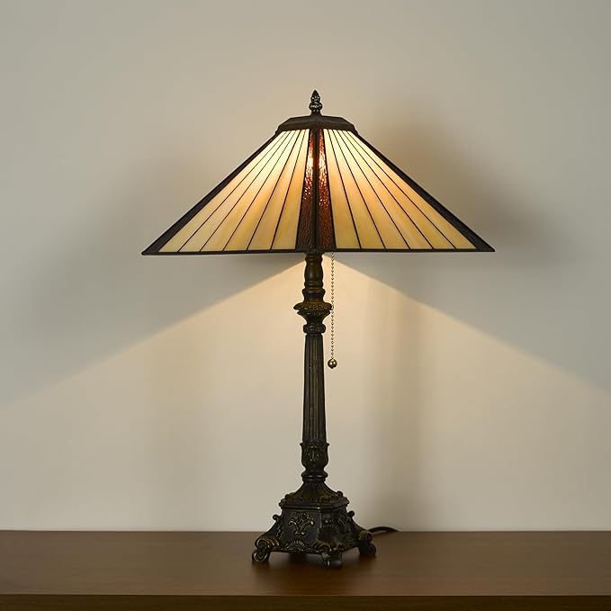 Tiffany Table Lamps Yellow Brown Stained Glass Striped Checkered Style Mission Desk Lamp 12X12X24 Inch Bronze Resin Base