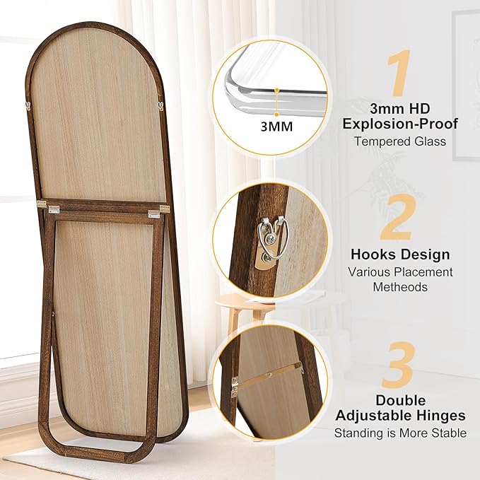Arched Full Length Mirror with Solid Wood Frame & Rattan Panel, 64"x21" Rustic Wall Mounted Floor Mirror - Free Standing, Leaning Against Wall, Wall-Mounted for Bedroom Living Room (Brown)