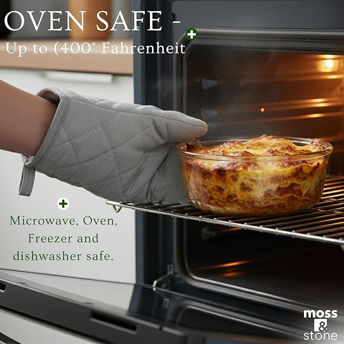 Moss & Stone 4-Pack Round Kitchen Glass Food Storage Containers Set with Lids – Reusable Glass Meal Prep Containers for Kitchen, Lunch or Fridge – Airtight Snap-Lock – Includes 1 Divided & 1 Standard