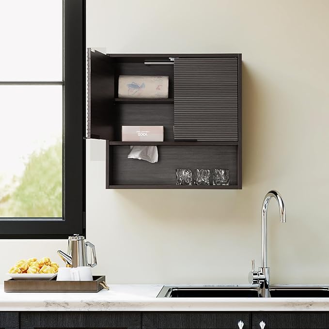 Bathroom Storage Cabinet with Motion Sensor LED Light, Wooden Medicine Cabinet Wall Mounted Cupboard with Disposable Face Towels Hole, Over Toilet Storage Cabinet and Adjustable Shelf (Grey)