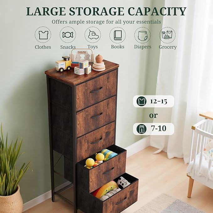 Nightstand, 5 Drawer Dresser End Table Bedside Furniture with Wooden Top Steel Frame Fabric Bins for Bedroom, Closet, Entryway, Dorm, Living Room, Brown