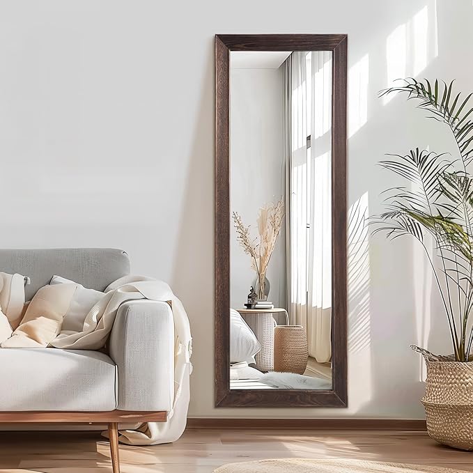 MELOMOIR Rustic Farmhouse Full Length Mirror, 56"x21" Wood Floor, Free Standing Leaning Hanging, Long for Bedroom Cloakroom, Wall Full Length, Charcoal-Grilled Brown