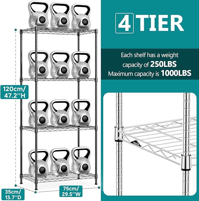 IZEUK 4-Tier Heavy Duty Steel Storage Shelves, Metal Shelf Wire Shelving Rack for Pantry, Kitchen, Garage, or Office Organization (29.5" W x 13.7" D x 47.2" H, 1000LBS, Black)