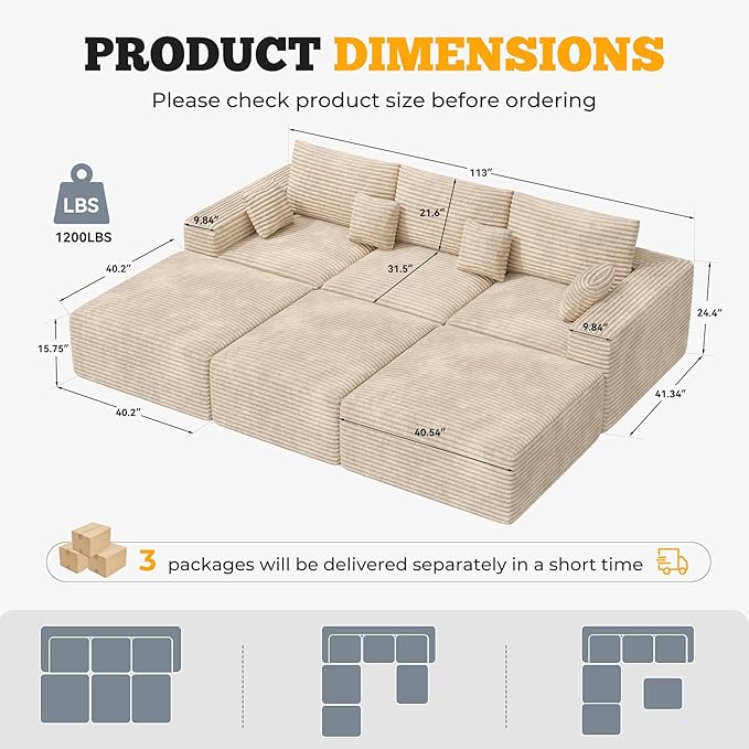 113" Modular Sectional Sofa Bed, Convertible Cloud Couches for Living Room with Ottoman, 6 Seater Corduroy Boneless Couch Sleeper Sofa Set, No Assembly Required, Khaki 1 PCS