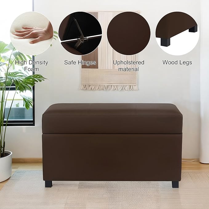 Joveco 32" Leather Storage Ottoman Bench, Rectangle Foot Rest Stool for Living Room, Bedroom, Entryway, Brown