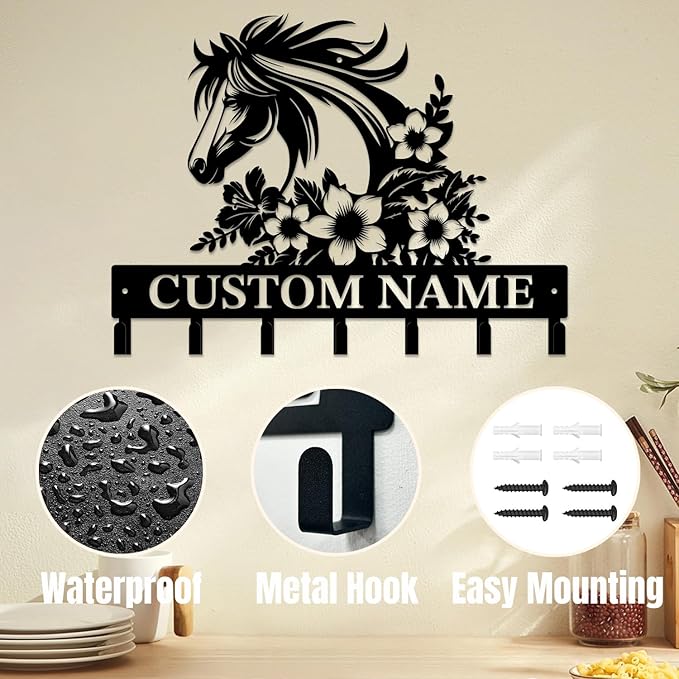 Personalized Custom Name Farm Horse Wall Key Hooks,Metal Horse Art Clothes Hooks,Metal Horse Wall Home Storage Decorative,For Front Door, Hallway, Kitchen, Bedroom,Keys,Hats (Style I)
