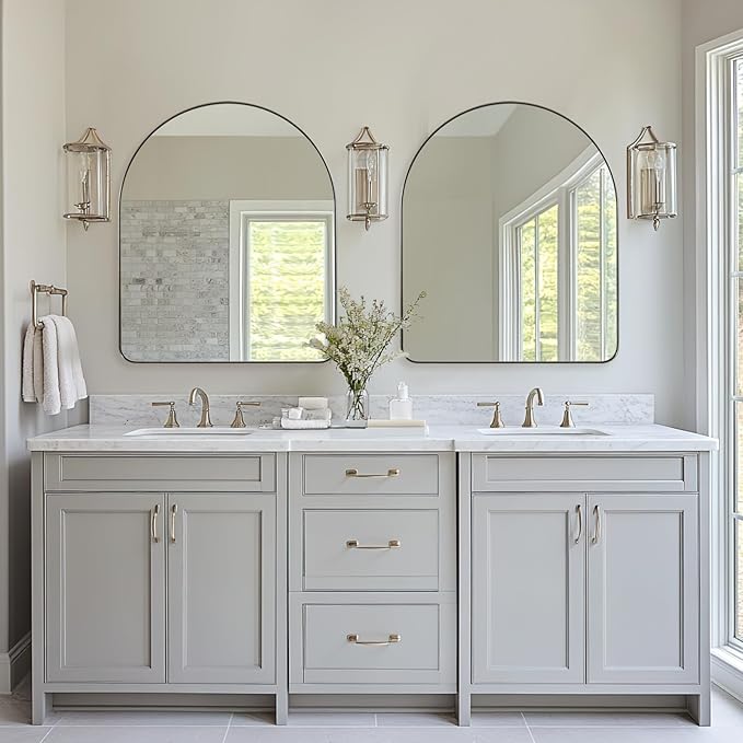 ANDY STAR Arched Mirror, 30 x 36 Inch Brushed Nickel Wall Mirror in Stainless Steel Metal Frame, Arch Top Rounded Corner 1 Inch Deep Set Design Wall Mount Hangs Vertical