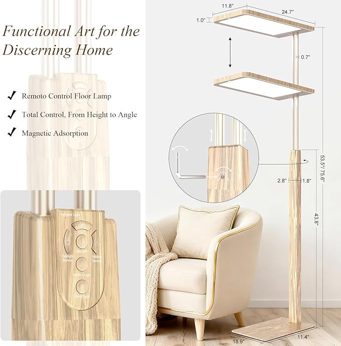 STERREN Full Spectrum Floor Lamp, 9800LM Modern Vintage Industrial Free-Standing Lamp, Eye-Care Remote Control Reading Lamps for Study Room, Office, Living Room, 2700-5000K,Oak Brown