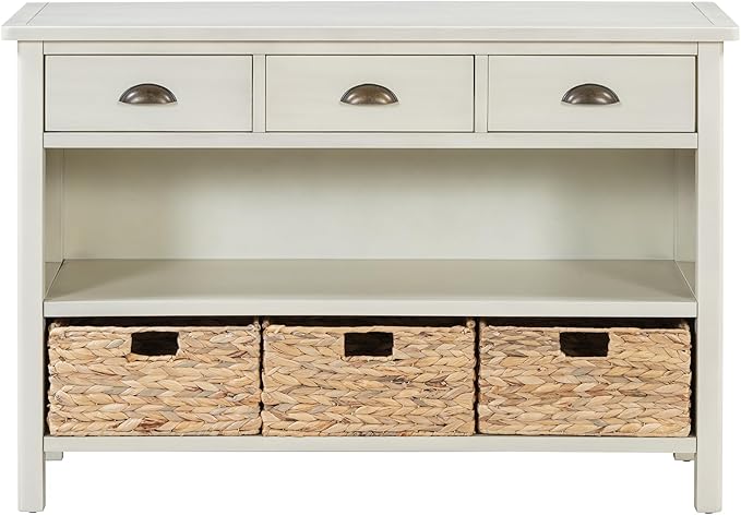 GDFStudio 47" Retro Console Table with 3 Drawers & Water Hyacinth Baskets, Wooden Entryway Buffet Table with Lower Shelf, Vintage Side Board Storage Cabinet for Entryway Living Room, Antique White