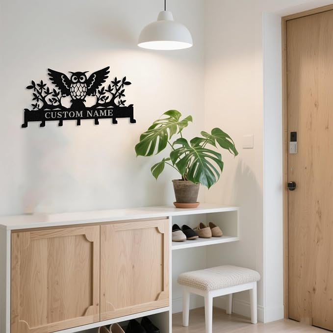 Personalized Owl Coat Rack Wall Hanging Key Holder,Custom Metal Name Key Hooks,Key Holder Wall Mount for Doorway,Bedroom,Kitchen,Housewarming Gift undefined undefined