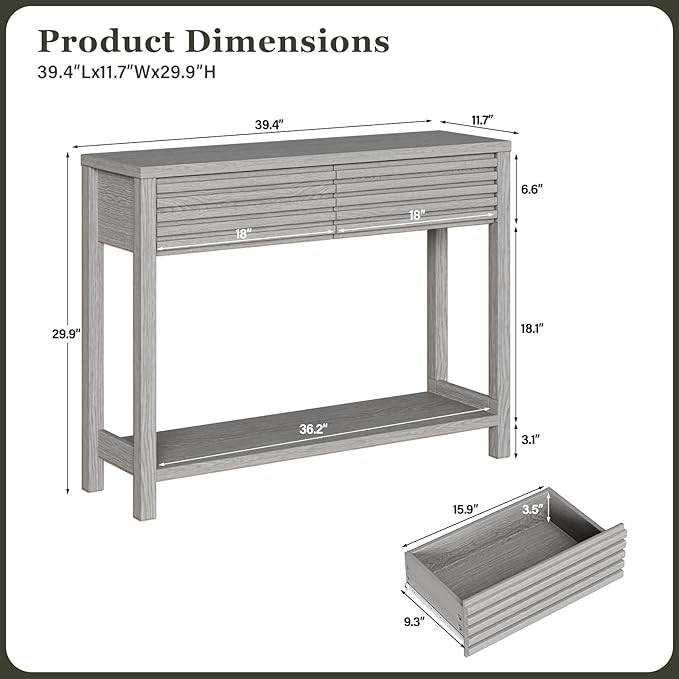 EAG 40" Fluted Console Table with 2 Drawers, Modern Wood 2 Tier Entryway Table with Storage Shelf, Narrow Sofa Tables Behind Couch for Entrance Foyer, Hallway, Living Room, Gray