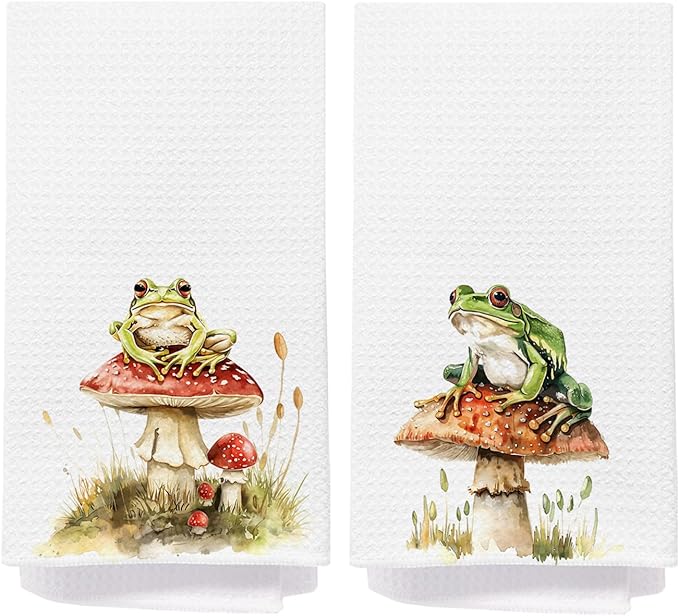 Frog Mushroom Bathroom Decor Hand Towels, Farmhouse Cottagecore Dish Tea Towels, Frog Gifts for Women, Rustic Botanical Red Mushroom Hand Towel for Bathroom Kitchen, 16x24 Inch Set of 2
