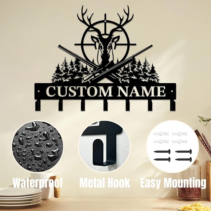 Personalized Custom Name Hunting Deer Wall Key Hooks,Metal Hunting Art Clothes Hooks,Metal Hunting Wall Home Storage Decorative,Hunter For Front Door, Hallway, Kitchen, Bedroom,Keys,Hats (Style H)