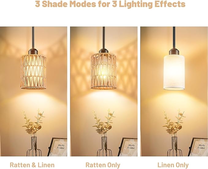 Pendant Lights for Kitchen Island, 3-in-1 Upgrade Larger Rattan Hanging Light Shade with Linen Shade, Adjustable Height Boho Hanging Lamp Fixture for Dining Room, Farmhouse, Bedroom (2 Pack)