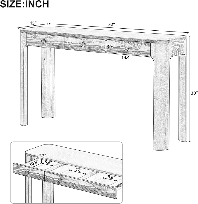 52“ Rustic Console Table with Curved Corners for Safety, Entryway Table with 3 Concealed Drawers, Sturdy Sofa Table with Thick Legs for Hallway & Living Room(Espresso)