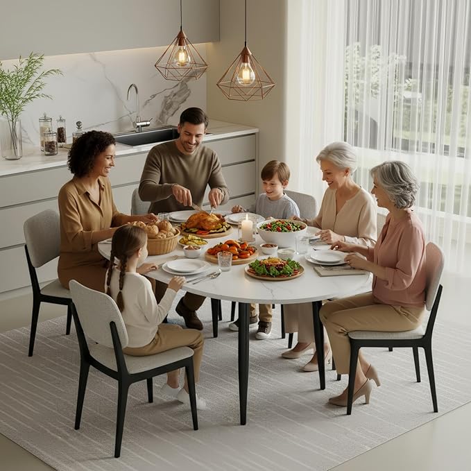 42"-54" Round to Oval Extendable Dining Room Table, White Faux Marble & Wood Grain Top with Black Metal Legs, Modern Round Dining Table for 4–6, Space-Saving Kitchen Table, Easy Assembly