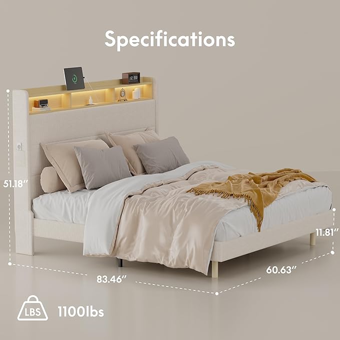 FLEXISPOT Queen Platform Bed Frame with 51" Tall Upholstered Corduroy Headboard, Two-Tier Storage Shelves, LED Light & Charging Station, Remote Pocket, No Box Spring Needed,1100Ibs Heavy-Duty, Beige
