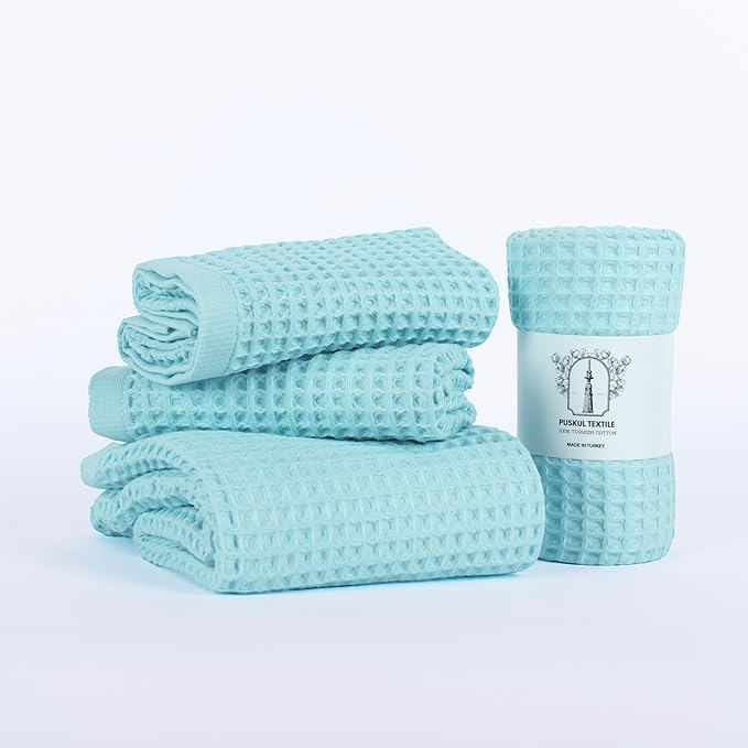 Püskül - Luxury Waffle Towel Set for Bathroom 4 Pieces Turquoise Blue, Premium Quality Organic 100% Turkish Cotton 2 Hand and 2 Bath Towels, Quick Dry Thin Waffle Towels, Made in Turkiye (Turquoise)
