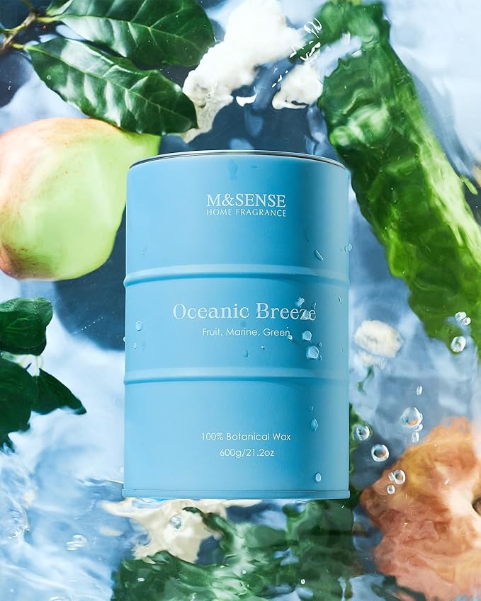M&SENSE Oceanic Breeze Scented Candles Large Summer Candle, Beach Soy Candles 21.2oz 120 Hour Slow Burning,Aromatherapy Candle for Stress Relief Meditation Relaxing