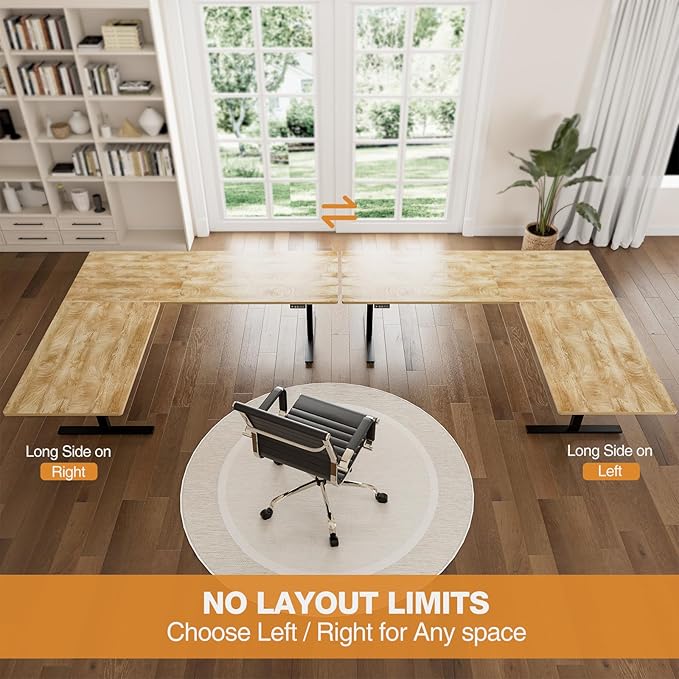 Grandder 63 x 55 Inch L Shaped Standing Desk, Electric Height Adjustable Corner Stand Up Desk, Sit Stand Corner Table Home Office Table, Oak Top White Frame