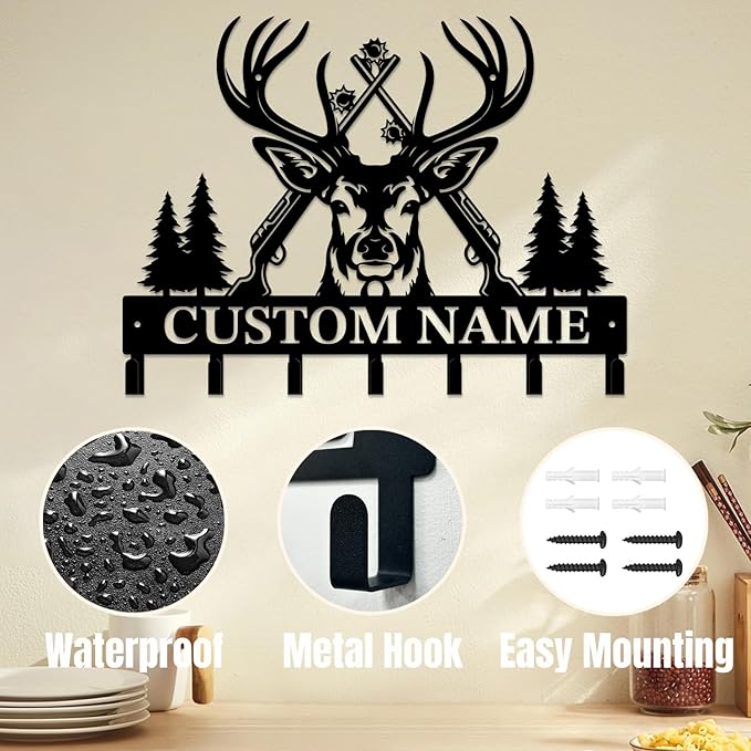 Personalized Custom Name Hunting Deer Wall Key Hooks,Metal Hunting Art Clothes Hooks,Metal Hunting Wall Home Storage Decorative,Hunter For Front Door, Hallway, Kitchen, Bedroom,Keys,Hats (Style I)