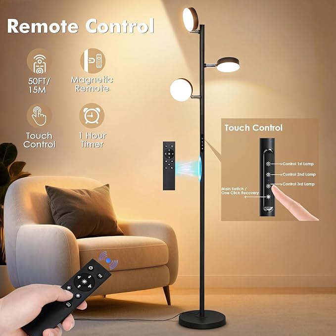 Tree Floor Lamp for Living Room - Modern Black Standing Lamp, LED Floor Light with Remote & Touch, 3000K-6000K Dimmable for Bedroom Office Reading (3 Head)