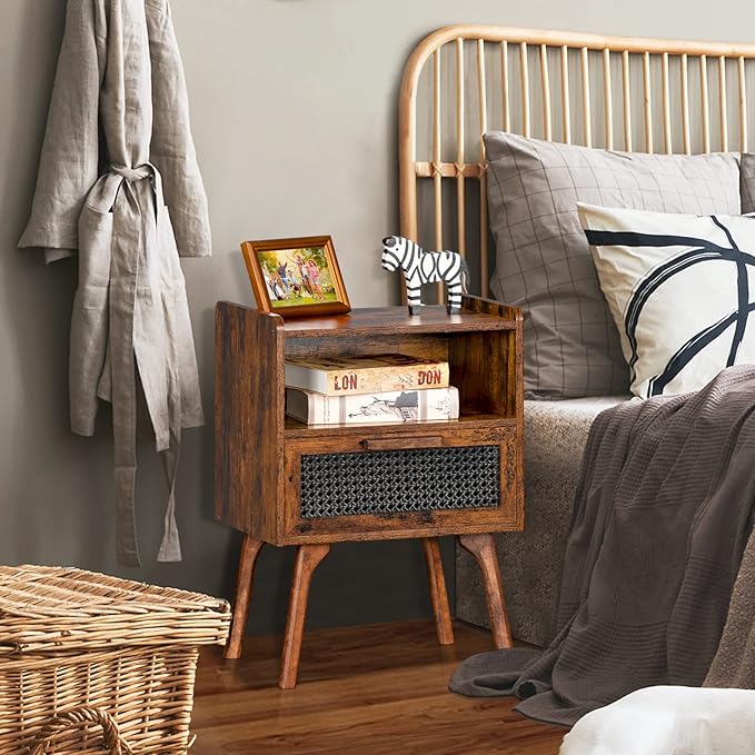 Lerliuo Rattan Nightstand, Boho Side Table with Drawer Open Shelf, Cane Accent Bedside End Table with Solid Wood Legs for Bedroom, Dorm and Small Spaces (Brown)