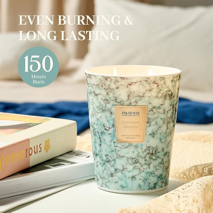 M&SENSE Extra Large Candle 35oz 150H BambooStream Scented Candle,3 Wick Highly Scented Jar Candle, XL Candles Gift for Stress Relief, Meditation, Yoga