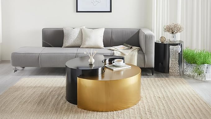 Modern Contemporary Luxury Ying-Yang 36" Coffee Table Set, Sculptural Design with Aluminum Frame for Living Room, Entryway, Home & Office, Black & Gold Dual Tone Coffee Table