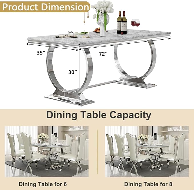 Asday 72 inch Modern Dining Room Table with Silver Stainless Steel Metal U-Base in Grey Silver