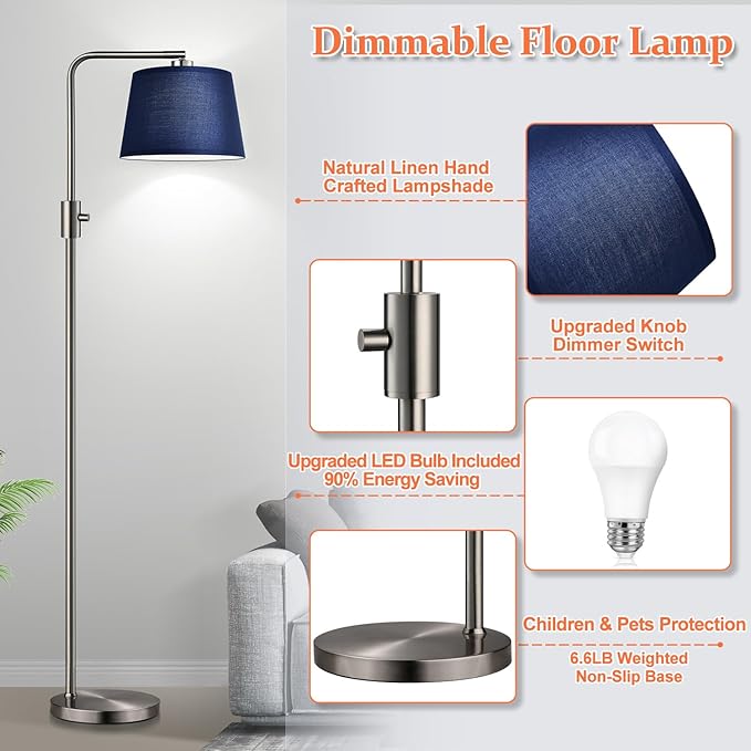 Nintiue Dimmable Floor Lamp, 1000 Lumens LED Edison Bulb Included, Brushed Nickel Arc Standing Tall Floor Lamp with Blue Shade for Living Room Bedroom Office Dining Room