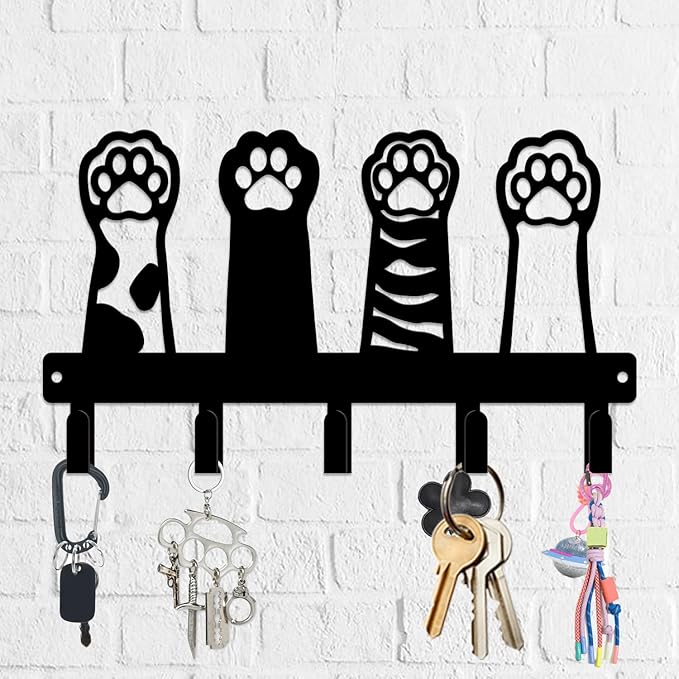 magilab Cat-Themed 10-Inch Iron Key Hooks with 5 Hooks, Black Wall Organizer - Cute Cat Design for Home Decor, No Drill & Screw-in Options (Style C)