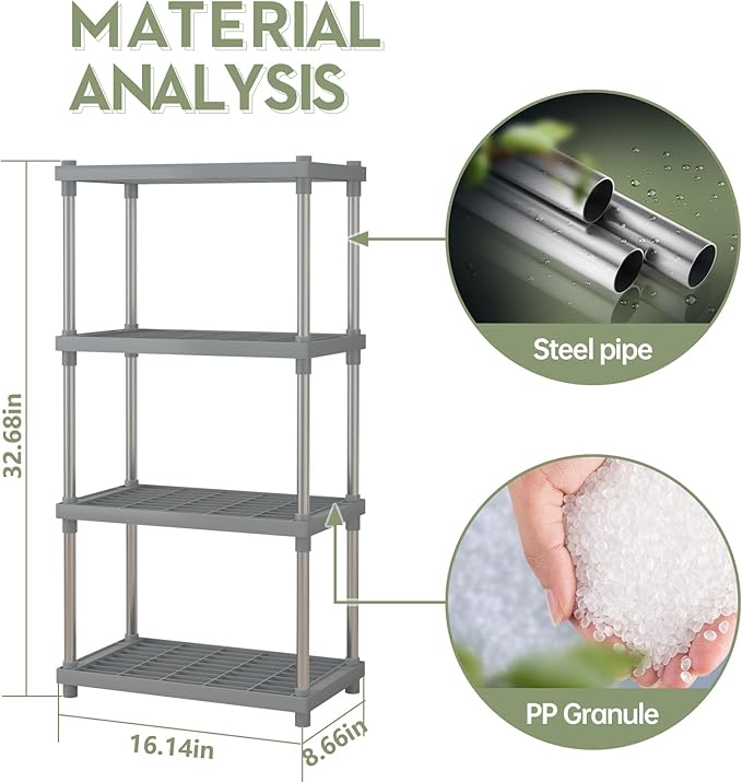 4 Tier Gray Plastic and Metal Standing Shelf Units, Durable Storage Shelves Rack Open Shelving for Pantry Kitchen Bathroom,13MM Steel Tubes