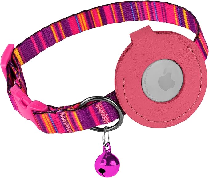 Airtag Cat Collar with Bell - Non Breakaway Soft Pet Collar with Leather Air Tag Holder - Adjustable GPS Anti-Lost Collars for Girl Boy Cats Kitten Puppies, Lightweight and Patterned (Serape Pink)