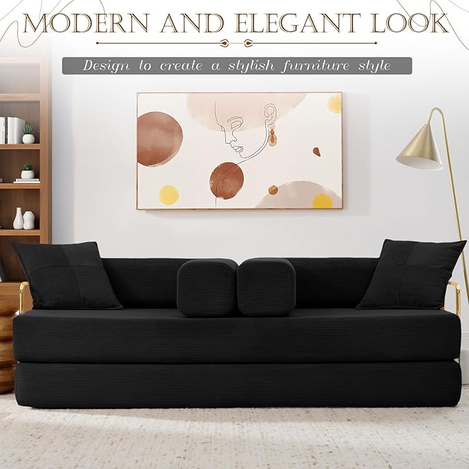 Antetek Convertible Futon Sofa Bed, 3-Seater Modern Corduroy Foam Floor King Size Bed Fold Out Sleeper Lounge Loveseat Sofa Couch with 2 Throw Pillows for Living Room Bedroom Guest Room, Black