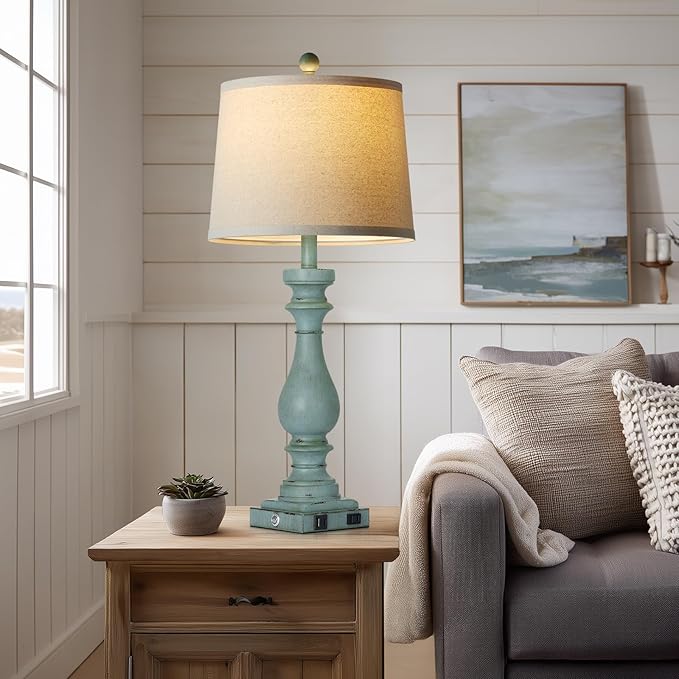 29" Tall Coastal Table Lamps Set of 2,Retro Blue Bedside Lamps with USB C+A Ports & AC Outlet,3-Way Dimmable Touch Lamp for Night Stands Living Room Bedroom,Blue