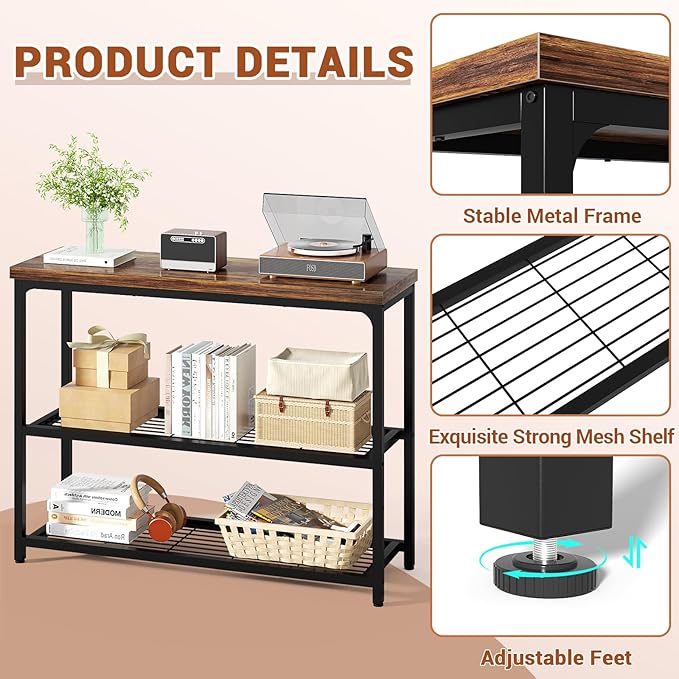47" Console Table with Storage, 3-Tier Narrow Entryway Table, Sofa Table with Mesh Shelves, Console Tables for Living Room, Bedroom, Hallway, Entryway, Foyer, Rustic Brown