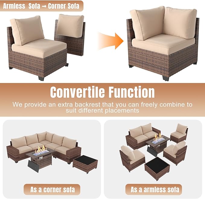 Aoxun 7 Pieces Patio Furniture Set with 44” Fire Pit Table Wicker Rattan Outdoor Sectional Conversation Set with Coffee Table and 4” Thickened Cushions, Beige (Waterproof Cover Included)