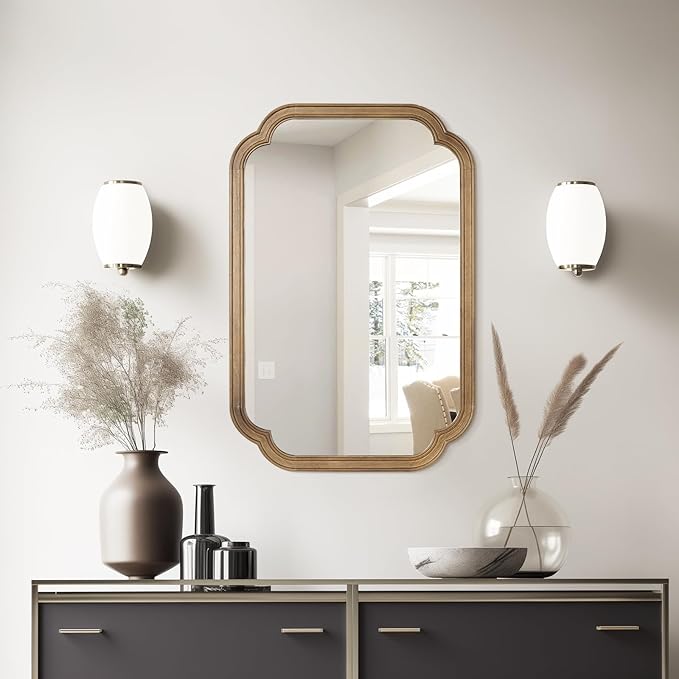 WallBeyond 20" x 30" Rounded Corner Arch Wall Mirror with Wood Frame for Entryway, Living Room or Bedroom Home Decor - Light Woodgrain, Honey-Colored