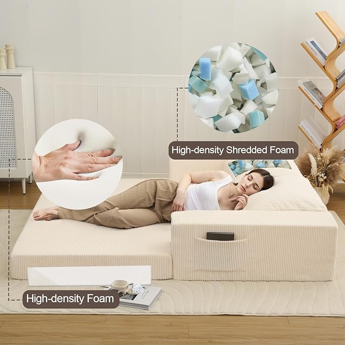 COMAX Convertible Sofa Bed Queen, Folding Fold Out Couch Bed, Floor Futon Couch Corduroy Sleeper Mattress with Back Pillows, Boneless Sofa Comfy Lounge Loveseat for Living Room Bedroom, Beige