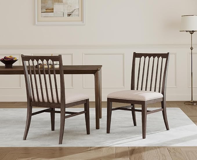 chairus Upholstered Kitchen Chairs Set of 2, Walnut Wooden Barrel Dining Chairs with Slat Back Double-Layer Cushion Farmhouse Accent Chairs for Dining Room/Living Room/Restaurant, Linen Beige