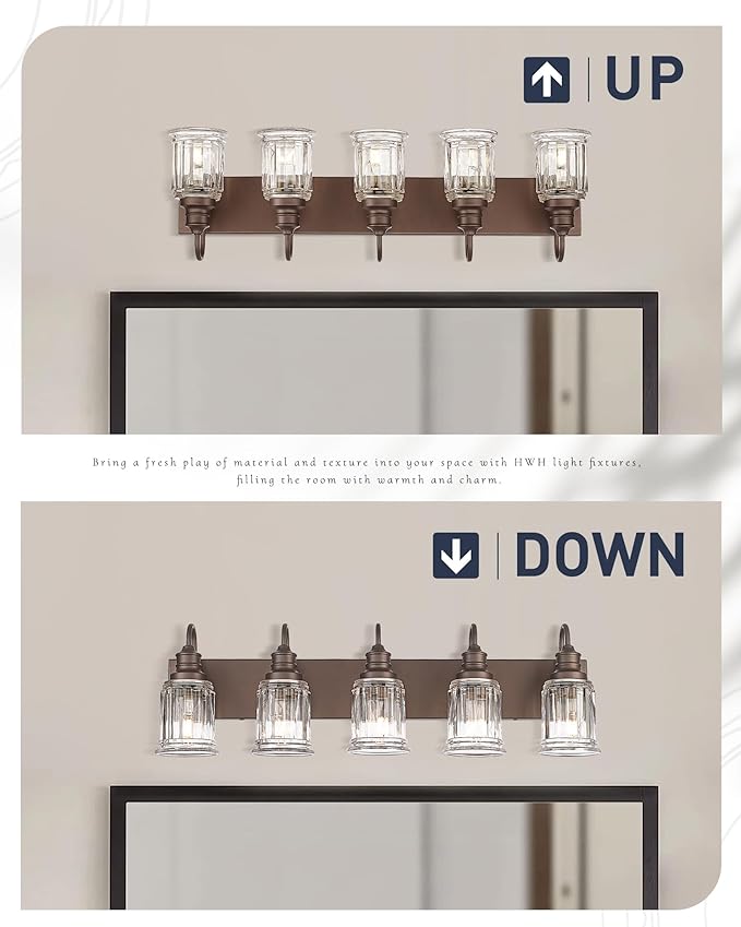 5 Light Bathroom Vanity Light - HWH Farmhouse Vanity Lights for Bathroom Wall Light Fixtures Over Mirror Oil-Rubbed Bronze, Bell-Shaped Fluted Clear Glass, 5HZG106B-5W ORB