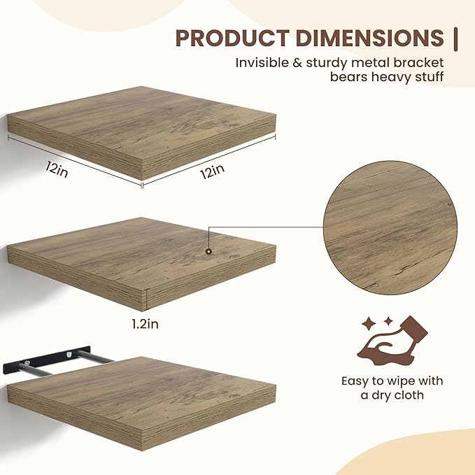 Fun Memories Floating Shelves for Wall - 12 Inch Square Shelves with Invisible Brackets, Small Wall Shelf for Living Room, Bathroom, Bedroom, and Kitchen Decor，Grey Set of 3